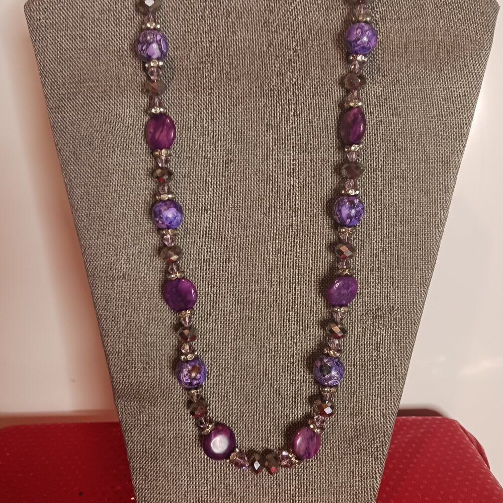 Silver Tone and Purple Art Glass Bead Necklace